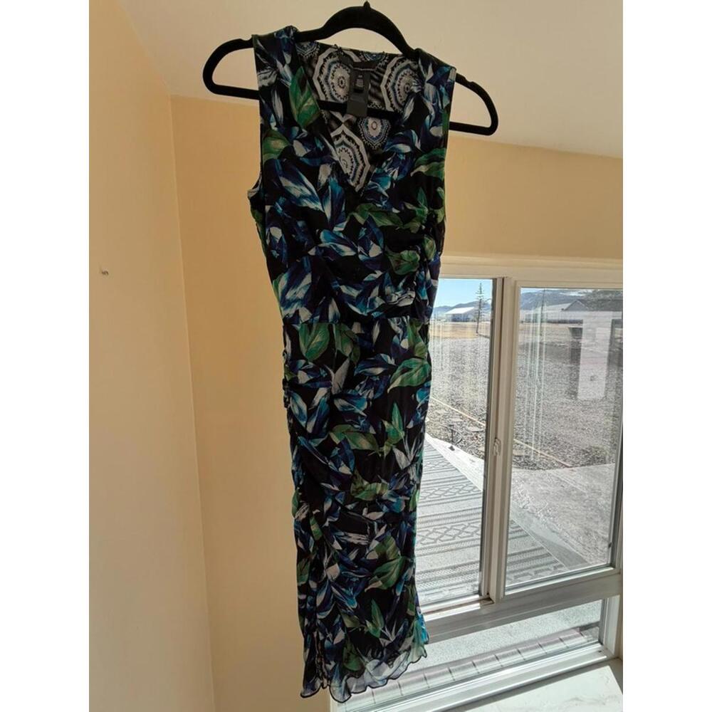 WHBM XS Blue Green Floral Ruched Dress V Neck Black Green
